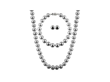 Picture of Platinum Cultured Freshwater Pearl Sterling Silver 18 Inch Strand Necklace, Bracelet & Earring Set