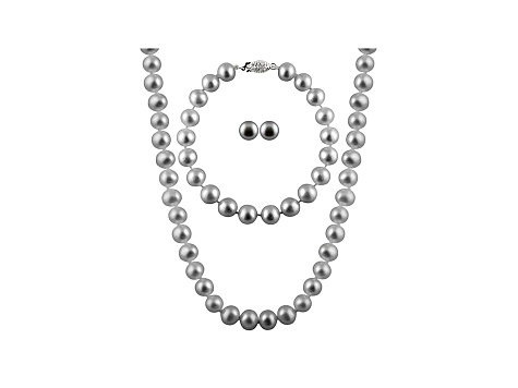 Platinum Cultured Freshwater Pearl Sterling Silver 18 Inch Strand Necklace, Bracelet & Earring Set