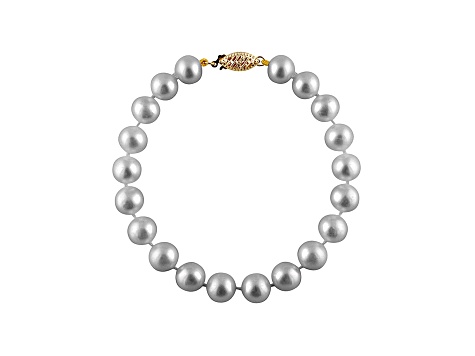 9-9.5mm Silver Cultured Freshwater Pearl 14k Yellow Gold Line Bracelet