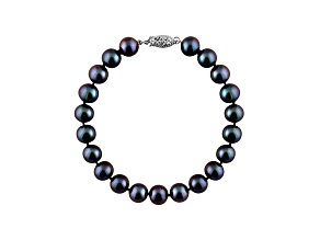 8-8.5mm Black Cultured Freshwater Pearl 14k Yellow Gold Line Bracelet 7.25 inches