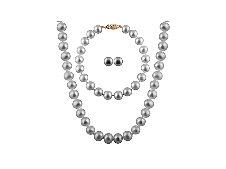 7-7.5mm Silver Cultured Freshwater Pearl 14k Yellow Gold Jewelry Set