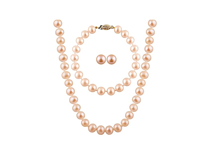 7-7.5mm Pink Cultured Freshwater Pearl 14k Yellow Gold Jewelry Set