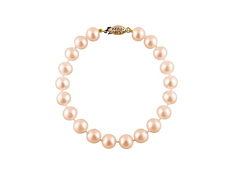 7-7.5mm Pink Cultured Freshwater Pearl 14k Yellow Gold Line Bracelet 8 inches