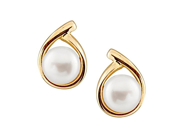 7-7.5mm White Cultured Freshwater Pearl 14k Yellow Gold Earrings