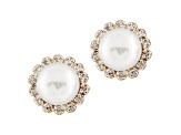 7-7.5mm White Cultured Freshwater Pearl With Diamond 14k Yellow Gold Earrings