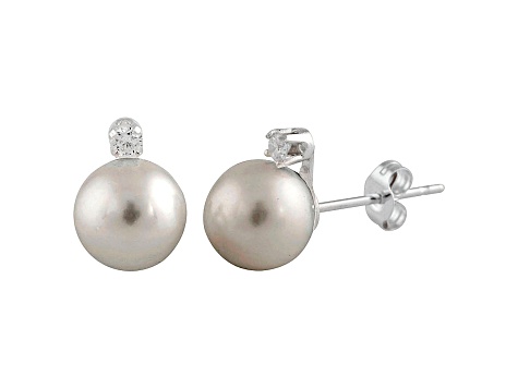 7-7.5mm Cultured Freshwater Pearl With Diamond 14k White Gold Stud Earrings
