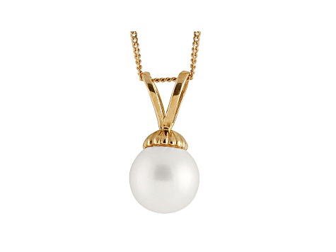 8-8.5mm White Cultured Japanese Akoya Pearl 14k Yellow Gold Pendant With Chain