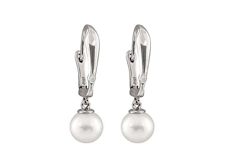 8-8.5mm White Cultured Freshwater Pearl With Diamond 14k White Gold Earrings