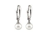 8-8.5mm White Cultured Freshwater Pearl With Diamond 14k White Gold Earrings
