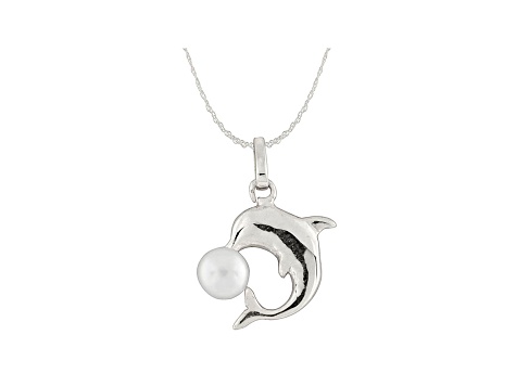 5-5.5mm Cultured Freshwater Pearl 14k White Gold Dolphin Pendant With Chain