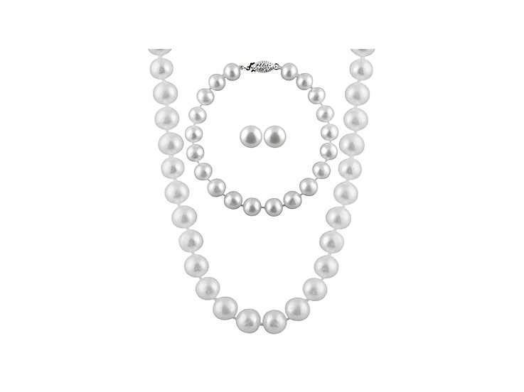7-7.5mm White Cultured Freshwater Pearl Rhodium Over Sterling Silver Jewelry Set