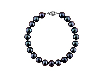 Picture of 9-9.5mm Black Cultured Freshwater Pearl Rhodium Over Sterling Silver Line Bracelet 7.25 inches