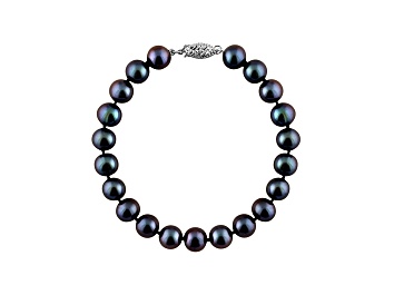 Picture of 8-8.5mm Black Cultured Freshwater Pearl Rhodium Over Sterling Silver Line Bracelet 7.25 inches