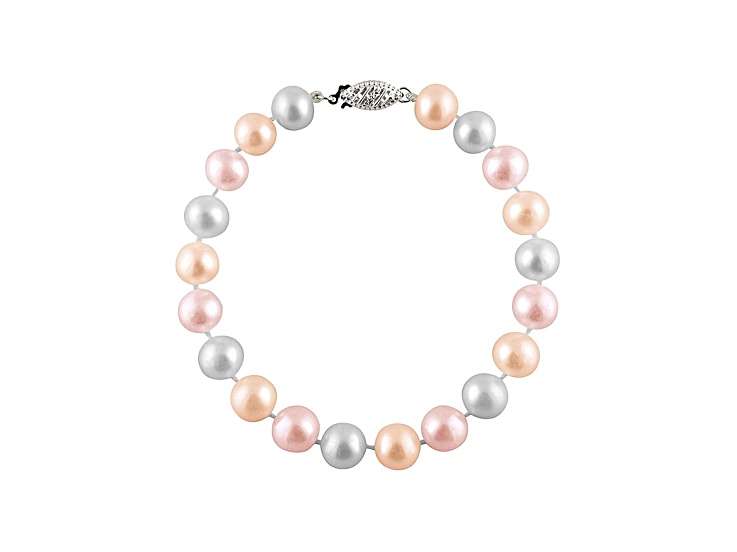 8-8.5mm Multi-Color Cultured Freshwater Pearl Rhodium Over Sterling Silver Line Bracelet