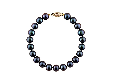 7-7.5mm Black Cultured Freshwater Pearl 14k Yellow Gold Line Bracelet 8 inches