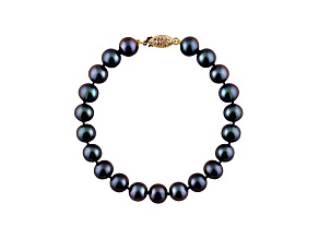 7-7.5mm Black Cultured Freshwater Pearl 14k Yellow Gold Line Bracelet 7.25 inches