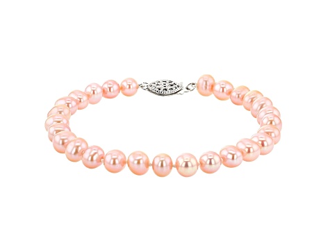 6-6.5mm Pink Cultured Freshwater Pearl Rhodium Over Sterling Silver Line Bracelet 8 inches