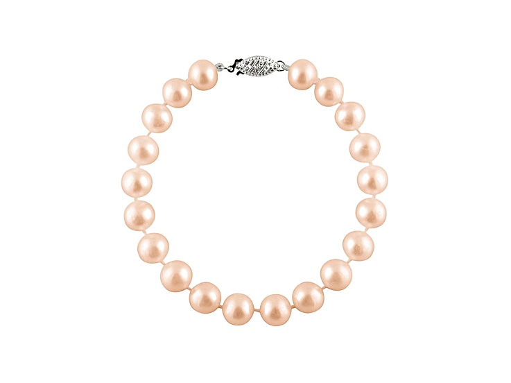 6-6.5mm Pink Cultured Freshwater Pearl Rhodium Over Sterling Silver Line Bracelet