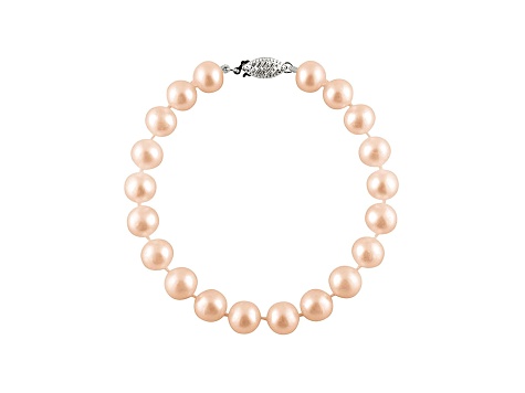 6-6.5mm Pink Cultured Freshwater Pearl Rhodium Over Sterling Silver Line Bracelet