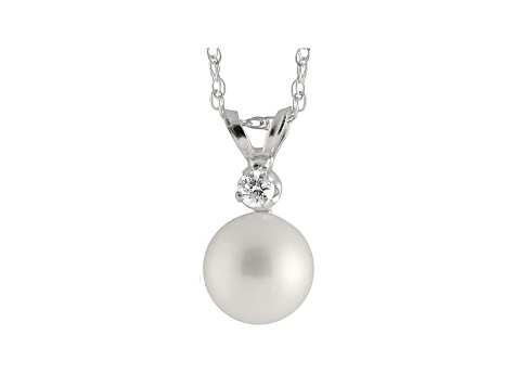 7-7.5mm Cultured Freshwater Pearl With Diamond 14k White Gold Pendant With Chain