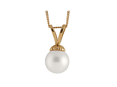 8-8.5mm White Cultured Freshwater Pearl 14k Yellow Gold Pendant With Chain