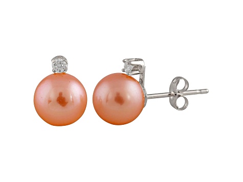 7-7.5mm Pink Cultured Freshwater Pearl With Diamond 14k White Gold Stud Earrings