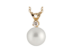 8-8.5mm Cultured Japanese Akoya Pearl Diamond 14k Yellow Gold Pendant With Chain