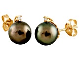 9-9.5mm Cultured Tahitian Pearl With Diamond 14k Yellow Gold Stud Earrings