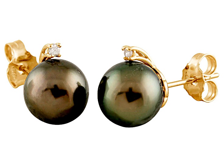 9-9.5mm Cultured Tahitian Pearl With Diamond 14k Yellow Gold Stud Earrings