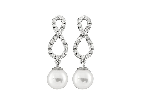 7-7.5mm White Cultured Japanese Akoya Pearl With Diamond 14k White Gold Earrings