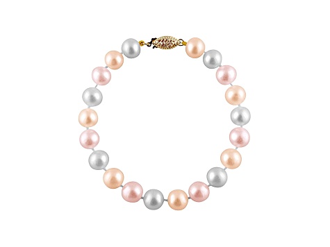 7-7.5mm Multi-Color Cultured Freshwater Pearl 14k Yellow Gold Line Bracelet 7.25 inches