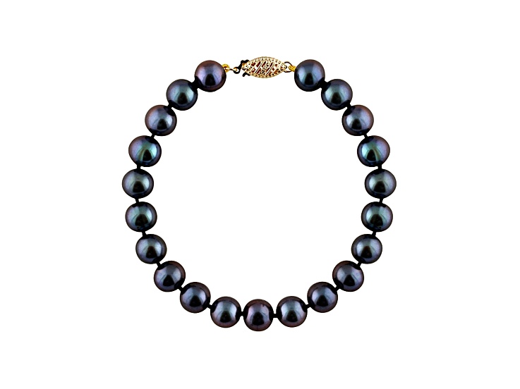 6-6.5mm Black Cultured Freshwater Pearl 14k Yellow Gold Line Bracelet 7.25 inches