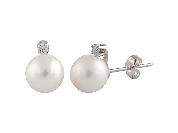 7-7.5mm Cultured Freshwater Pearl With Diamond 14k White Gold Stud Earrings