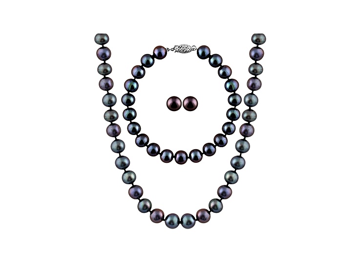 7-7.5mm Black Cultured Freshwater Pearl Sterling Silver Jewelry Set