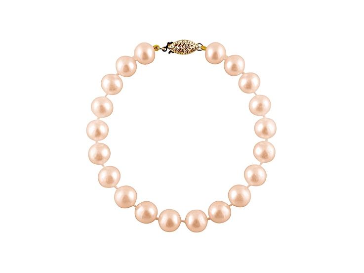 8-8.5mm Pink Cultured Freshwater Pearl 14k Yellow Gold Line Bracelet 8 inches