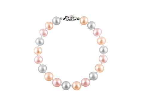 8-8.5mm Multi-Color Cultured Freshwater Pearl Rhodium Over Sterling Silver Line Bracelet 7.25 inches