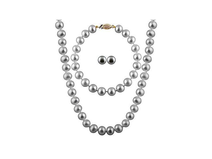 7-7.5mm Silver Cultured Freshwater Pearl 14k Yellow Gold Jewelry Set