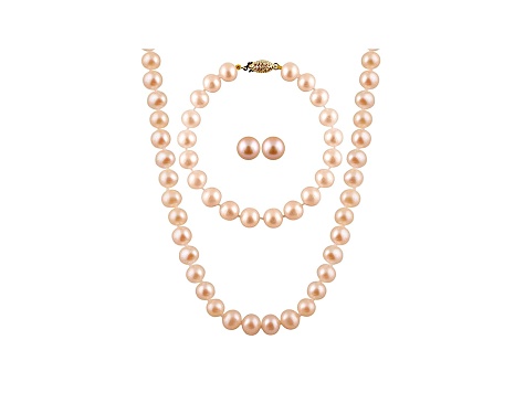 7-7.5mm Pink Cultured Freshwater Pearl 14k Yellow Gold Jewelry Set
