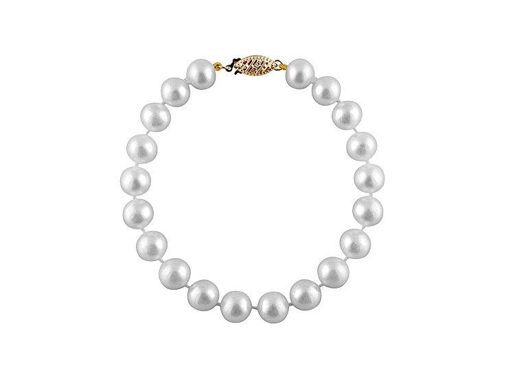 7-7.5mm White Cultured Freshwater Pearl 14k Yellow Gold Line Bracelet 8 inches