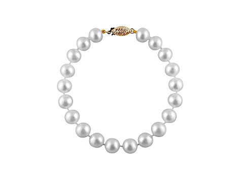 7-7.5mm White Cultured Freshwater Pearl 14k Yellow Gold Line Bracelet 8 inches