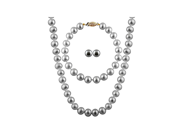 7-7.5mm Silver Cultured Freshwater Pearl 14k Yellow Gold Jewelry Set