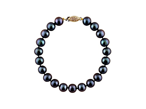 10-10.5mm Black Cultured Freshwater Pearl 14k Yellow Gold Line Bracelet