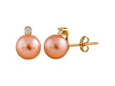 7-7.5mm Cultured Freshwater Pearl With Diamond 14k Yellow Gold Stud Earrings