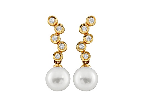 7-8mm Cultured Japanese Akoya Pearl With Diamond 14k Yellow Gold Stud Earrings