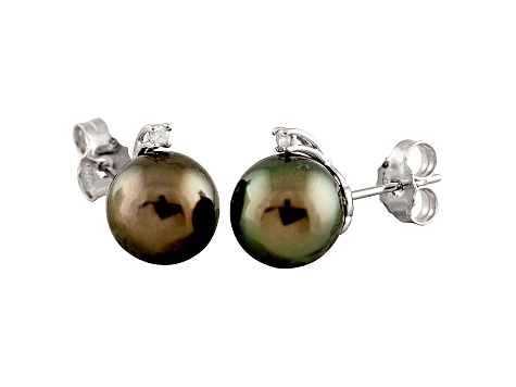 9-9.5mm Cultured Tahitian Pearl With Diamond 14k White Gold Stud Earrings