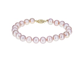 8-8.5mm Purple Cultured Freshwater Pearl 14k Yellow Gold Line Bracelet 7 inches