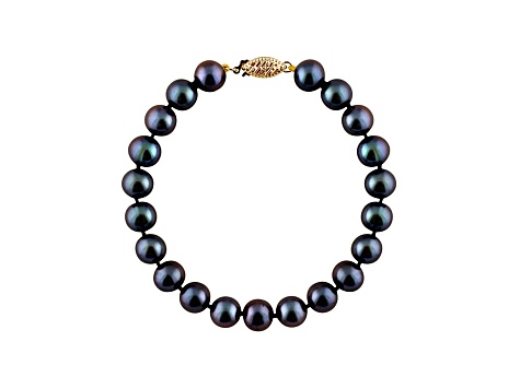 10-10.5mm Black Cultured Freshwater Pearl 14k Yellow Gold Line Bracelet 8 inches