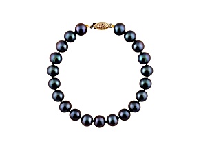 10-10.5mm Black Cultured Freshwater Pearl 14k Yellow Gold Line Bracelet 8 inches