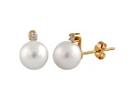 7-7.5mm Cultured Freshwater Pearl With Diamond 14k Yellow Gold Stud Earrings