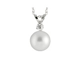 8-8.5mm Cultured Japanese Akoya Pearl Diamond 14k White Gold Pendant With Chain